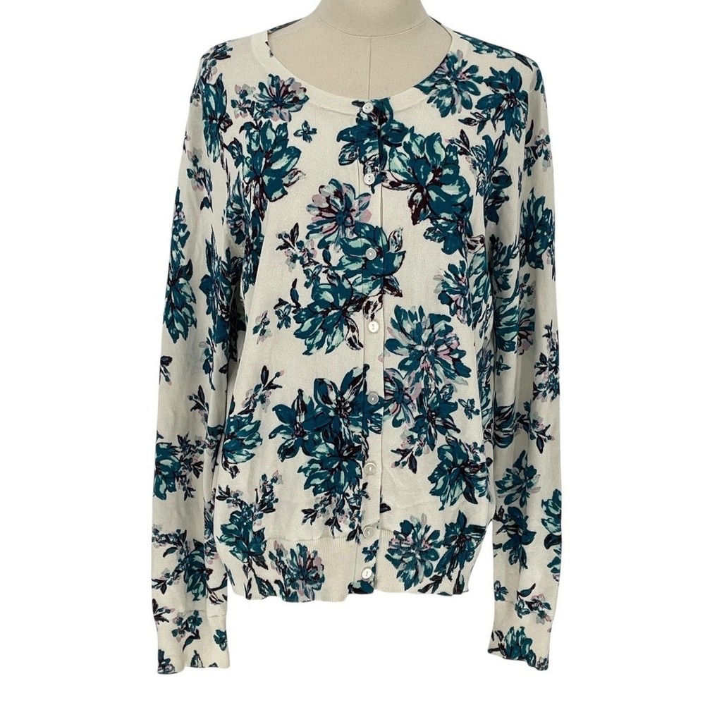 Time and Tru Womens Cardigan Sweater L Floral Print Long Sleeve Button Front